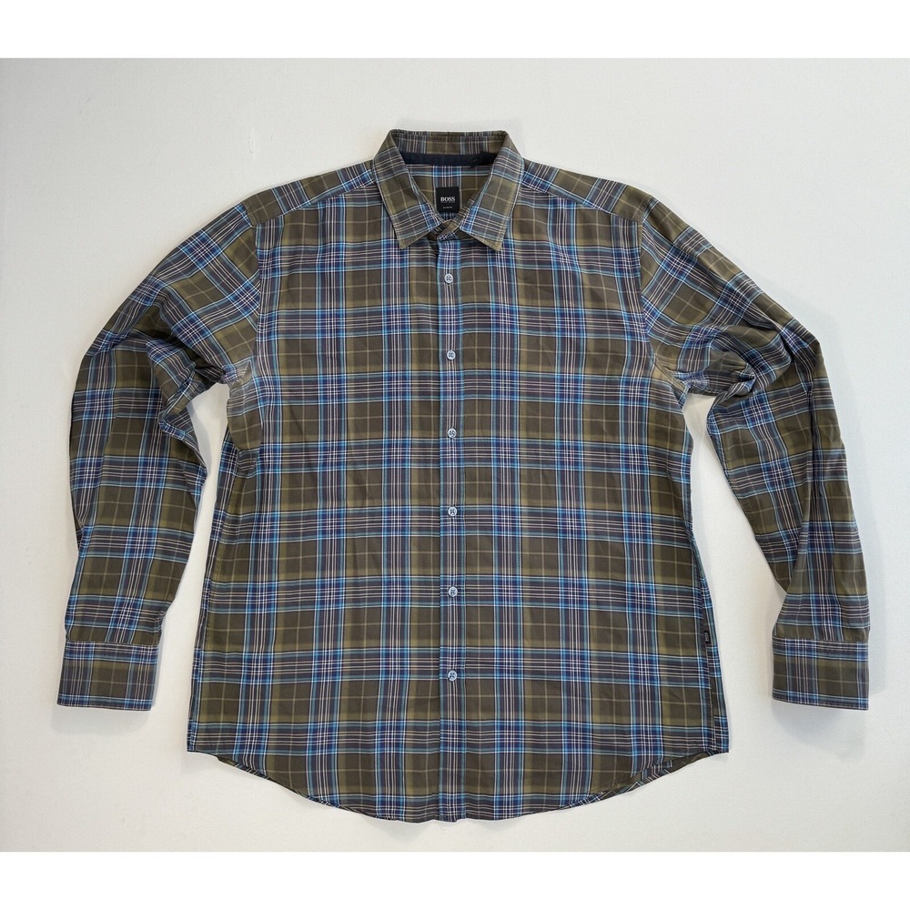 Hugo Boss Men XL Slim Fit Plaid Button Shirt Elbow Patches Brown Blue Designer